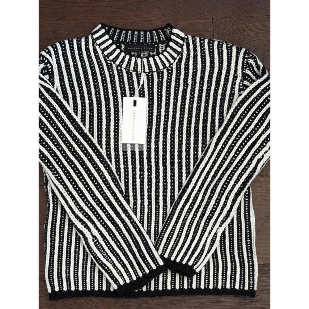 Endless Rose Womens Black White Striped Ribbed Knit Crew Neck Sweater xSmall NWT